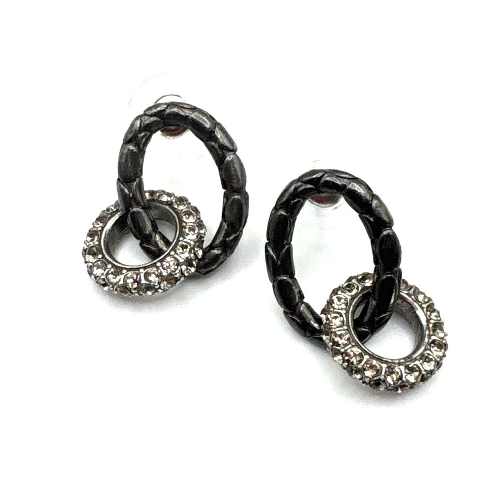 Brighton Pebble Pave Double Hoop Versatile Crystals Gun Metal Grey Post Earrings